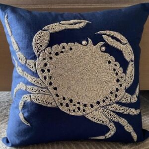 Navy Blue Crab Embroidered Throw Pillow Cover